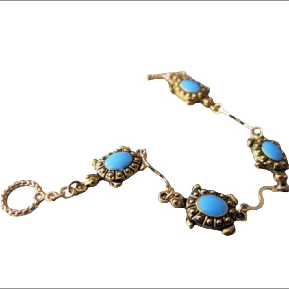 Hand Crafted Turtle Bracelet Linked Gold & Turquoise New Charm Tortoise - Picture 3 of 6